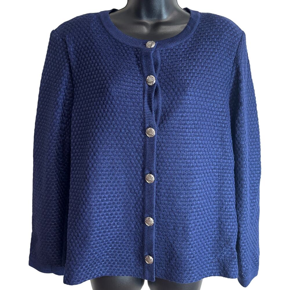 St John Collection Cardigan Sweater 14 Blue Knit Button Front Wool Blend USA H9